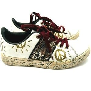 DESIGUAL Women's 7.5 White Cosmic Exotic Sequin Low top Sneakers Peace Art Shoes